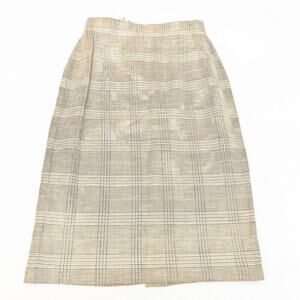 Laurel Patterned Plaid Straight Linen Pencil Skirt Cream Brown Size 40